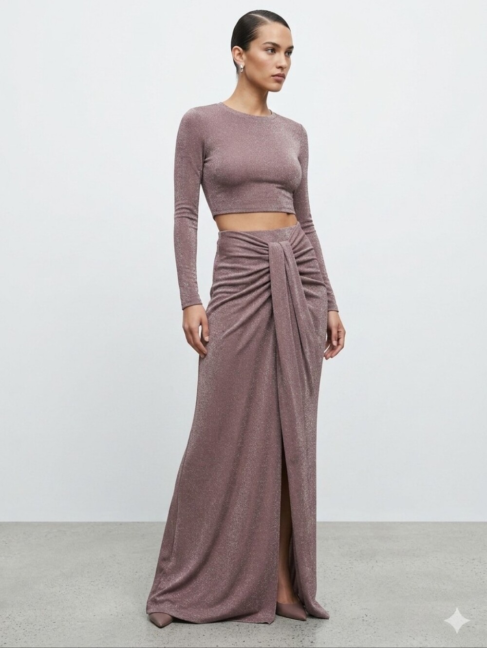 Reformation Metallic Shimmer Two-Piece Crop Top Maxi Skirt Set Mauve S NWT
